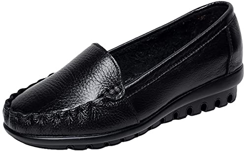 ANUFER Mujer Suave Ponerse Piel Genuina Tacón de Cuña Pequeño Casual Mocasines Zapatos para Caminar Negro SN020534 EU38.5