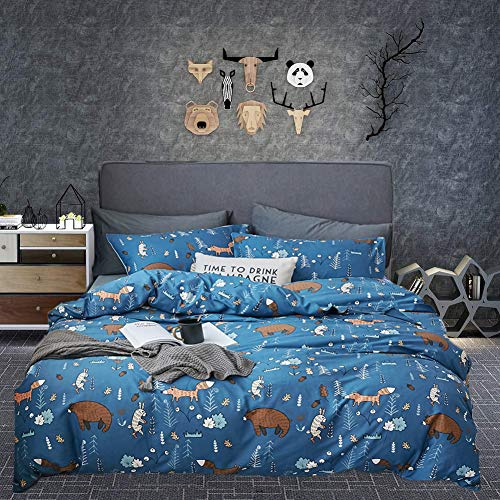 Jumeey Toddler Boys Twin Bedding Sets Blue Bear Duvet Cover Kids Animal Bedding Twin Bear Bedding for Boys Cartoon Bedding Sets Twin Girls Fox and Rabbit Patterned Duvet Cover Woodland Bedding