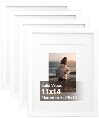 KINLINK 11x14 Picture Frame White, Solid Wood Frames with Acrylic Plexiglass for Pictures 5x7/8x10 with Mat or 11x14 without Mat, Tabletop and Wall Display, Set of 4