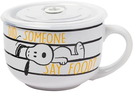 Silver Buffalo Peanuts Snoopy and Woodstock Did Someone Say Food Ceramic Soup Mug with Vented Plastic Lid, 24 Ounces