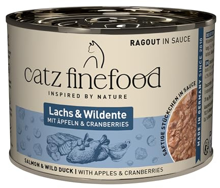 catz finefood Ragout N° 605 - Nourriture Humide pour Chats au Saumon et au Canard - Nourriture Fine pour Chats en Sauce sans céréales ni Sucre à Haute teneur en Viande - 6 boîtes de 190 g