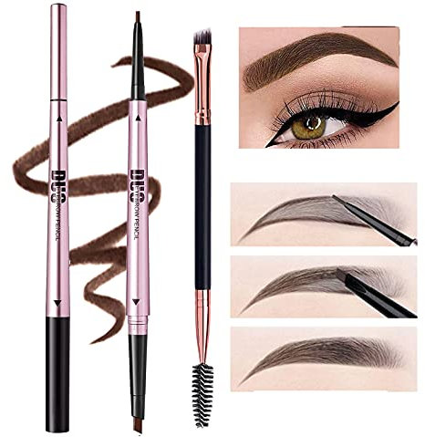Mihqy 2 PCS Eyebrow Pencil Waterproof with Brow Brush, Dual Ended Eyebrow Pen, Automatic Makeup Cosmetic Tool(Dark Brown)