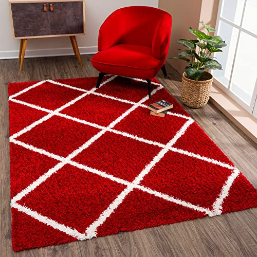 SANAT Madrid Shaggy Teppich - Hochflor Teppiche für Wohnzimmer, Schlafzimmer, Küche - Rot, Größe: 80x150 cm