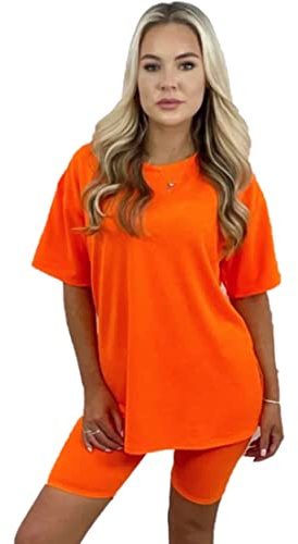 Crazy Girls Womens Cycling Shorts Set Loungewear, Neon Orange, ML (UK 12-14)