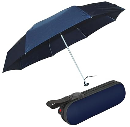 Knirps 1 x Regenschirm mit manuellem Öffnen und Schließen, kompakt für Rucksack, winddicht, für Reisen, für Erwachsene, 90 cm Durchmesser, einziehbar, mit Tragetasche, Marineblauer UV-Schutz, 90 cm