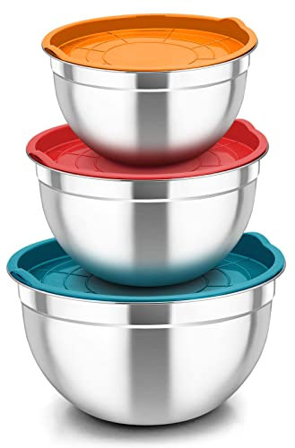 TEAMFAR Rührschüssel 3er Set, Edelstahl Schüssel Salatschüssel Set mit Luftdicht Deckel, Schüsselset perfekt für Backen/Vorbereiten/Servieren, 4,5L / 2,5 L / 1,5 L, Spülmaschinenfest, Bunt