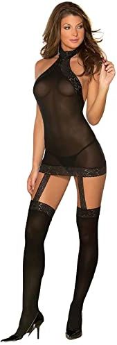 Lingerie Sexy Donna Reggicalze Maglia Mini Abito Babydoll Trasparente Hot,Bodystockings Pizzo Rete Halter Calze Autoreggenti,Intimo Chemise Senza Schienale,Collant Notte Pigiama Clubwear (Nero)