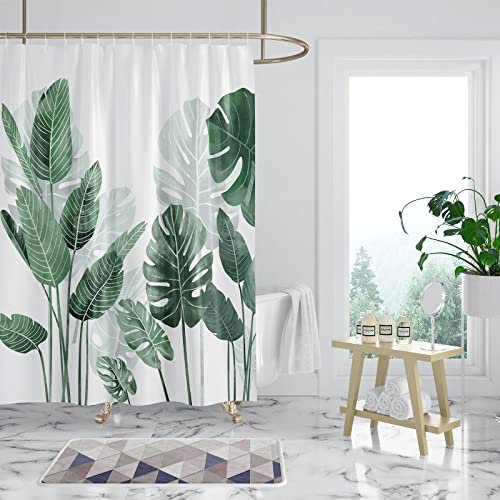 WONGS BEDDING Duschvorhang 240x200 Grün Blätter Pflanzen Duschvorhänge Wasserabweisend Badewanne Shower Curtains Polyester Waschbar Badvorhang mit 12 Duschvorhängeringen