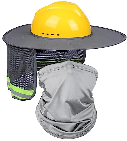 Hard Hat Sun Shade with Full Brim Visor, Shield Your Neck from Sun, Men's Construction Accessories for Hardhat Hats UV Sunshade Helmet Attachment with Reflective Strip, 2 pcs Set