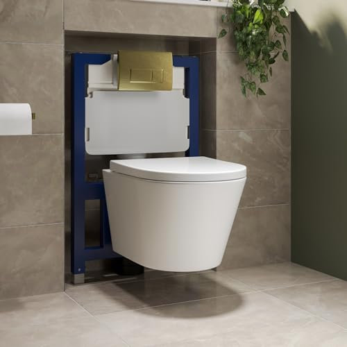 Newport Wall Hung Toilet with Soft Close Seat Brushed Brass Pneumatic Flush Plate 820mm Frame & Cistern
