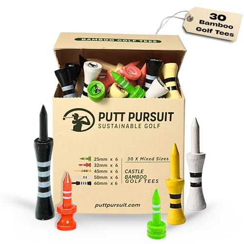 Mixed Castle Bamboo Golf Tees - Biodegradable, Sustainable & Strong Golf Tees Bamboo Material - Golf Accessories - Consistent Ball Height - 30 Multiple Sizes Tees (25mm Green to 60mm Black Colours)