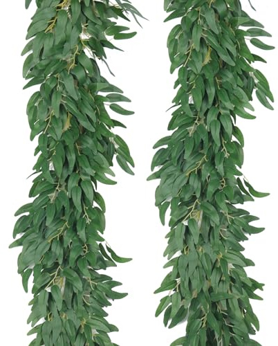 RECUTMS Artificial Willow Leaves Vine Twigs 2Pcs 6Ft Fake Hanging Plant Silk Willows Leaf Ivy Garland Faux Italian Ruscus Greenery Indoor Outdoor Wedding Arch Jungle Beach Birthday Party Garden Decor