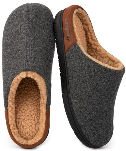 LongBay Men's Wool-Like Slippers Memory Foam House Shoes with Warm Sherpa Lining for Indoor Outdoor Winter Grey Size 8