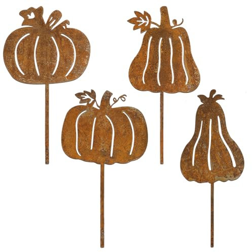 4pcs Piquet de Jardin Decoratif en Métal Rouillé Décoration de Jardin Automne Citrouille Signes de Jardin Décorations Extérieures Pelouse Terrasse Balcon