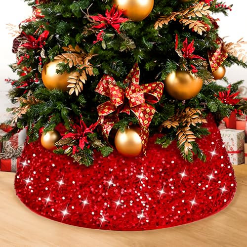 SilverChry Collare per Albero di Natale, Copri Base Albero di Natale 60x40cm, Gonna per Alberoo di Natalizio Tronco con Paillettes, Christmas Tree Collar-Decorazioni Natalizie Casa (rosso)