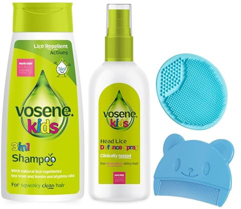 Vosene Kids 3-in-1 Lice Repellent Shampoo, Conditioning Defence Spray, Silicone Baby Brush & Comb Bundle - Nit Treatment for Kids, Head Lice Repellent Spray, Ideal for Lice Prevention & Sensitive Skin