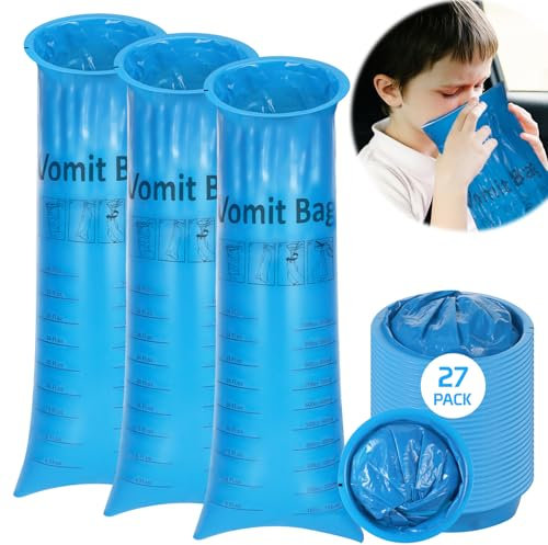 Yimomoyi 27Pack Sick Bags, Vomit Bags Barf Bag,1000ml Blue High Density Emesis Bag with Snap, Perfect for Morning Sickness,Kids,Pregnant Woman,Car Motion Sickness，Airsick.etc