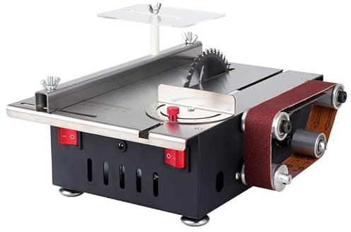 Mini sierra circular de mesa con disco de pulido, multifuncional Sierra de Mesa Eléctrica con 4 cuchillas, 0,1-30mm Hoja De Sierra Ajustable en Altura, para artesanías, madera hecha a mano