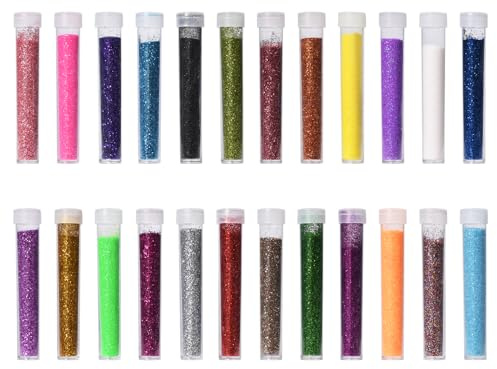 Pumwoy 24 Farben Glitzer Basteln, Glitzerpulver zum Basteln Extra Feiner Glitzer, Bastelglitzer Glitzerstreuer, Kinder Glitzerpulver, Glitzerstaub für Nagelkunst, Körper, Handwerk, Dekorieren, je 5-7g