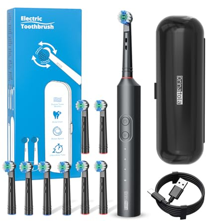 Orinatola Spazzolino elettrico con 8 testine (3 modalità), spazzolino elettrico da viaggio ricaricabile, durata della batteria di 50 giorni, 8800 VPM, custodia da viaggio e cavo di ricarica USB, nero