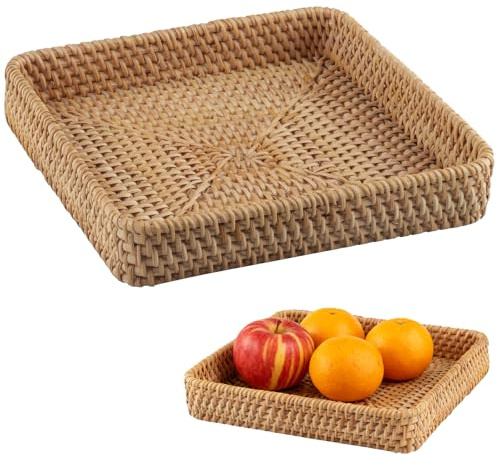wocpvm Bandeja de Ratán,Cesta Tejida Decorativa,Cestas Almacenaje Organizador para Almacenar artículos pequeños,Perfume y Cosméticos(Natural 21x 21x 4cm)