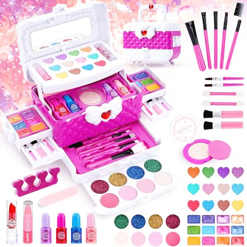 53 pezzi Set di trucco per bambini, set di trucco per ragazze, set di trucco sicuro e lavabile, non tossico, set regalo di trucco, giocattolo per gioco di ruolo per Natale e Halloween, valigetta per