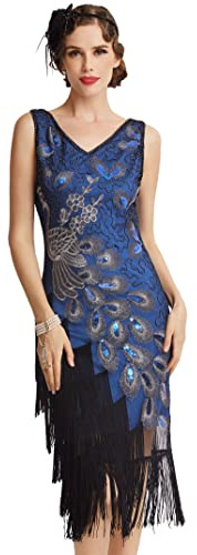 BABEYOND 1920s Vintage Peacock Sequined Dress Gatsby Fringed Flapper Dress Roaring 20s Party Dress, Blue with Black Fringe, Medium