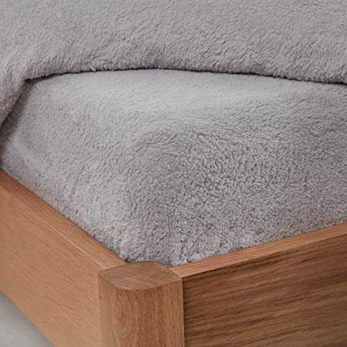 Brentfords Super King Fitted Sheet, Gifts for Women Men Soft Warm Teddy Fleece Fitted Sheet Thermal Luxury Winter Bedding Fluffy Cuddly Teddy Bear Bedding Easy to Use Fit, Grey Silver