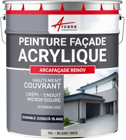 ARCANE INDUSTRIES Peinture Façade Hydrofuge Acrylique - Mur, Crépi, Béton - Imperméable Haute Résistance 15 Ans - 10 L (+ ou - 60 m² en 1 Couche) Blanc Gris - RAL 9002