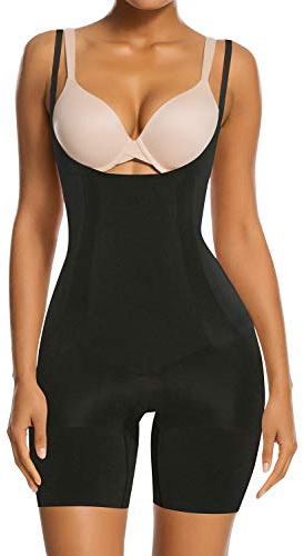 SHAPERX Women's Open Bust Shapewear Bodysuit Smoothing Tummy Control Shaper with Adjustable Straps Comfortable Mid-Thigh Shorts, SZ2490293-Black-L