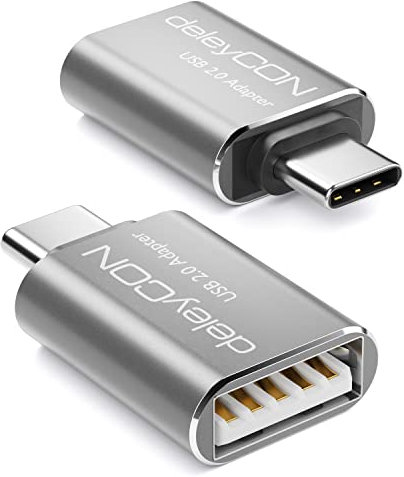 deleyCON Adaptateur USB C vers USB A - OTG (2 Pièces) C Mâle vers A Femelle - pour iPhone 17 Pro Air 16 Pro Max, 15 Pro Max, iPad, MacBook Pro/Air, Galaxy S25/S24, PC, Ordinateur - Argent