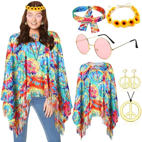 YADODO Hippie Kostüm Damen Poncho Set mit Hippie Accessoires 60er 70er Jahre Bekleidung Frau Boho Flower Power 70er Mode Disco Outfit Damen Faschingskostüme
