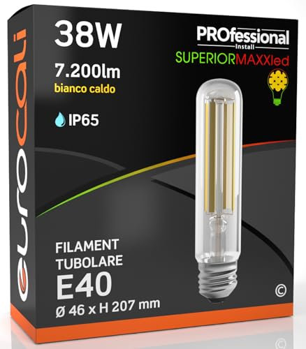 Eurocali Lampada LED E40 38W Tubolare 7200 lumen Filamento Bianco Caldo 3000K - Sostituzione Alogenuri Metallici - Alta Efficienza 189 lm/W - Impermeabile IP65 - diffusore in vetro trasparente