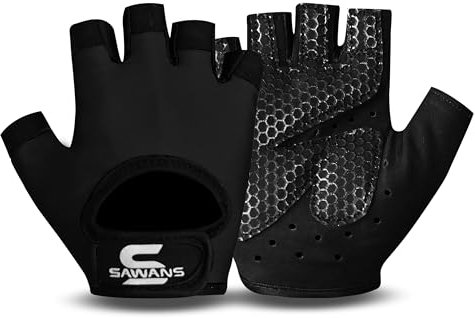 SAWANS Gewichtheber-Handschuhe, für Damen und Herren, rutschfest, atmungsaktiv, mit Silikon gepolsterter Handflächenschutz, Schwarz, Größe S