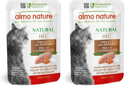 Almo Nature HFC Natural per Gatti Adulti- Cibo Umido Gatti Adulti con 100% Pollo & Gamberetti Freschi di Qualità HFC. Pacco da 48 Bustine x 55g cad.