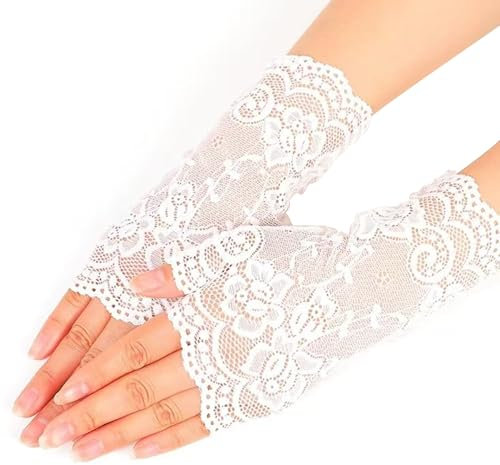 2 Fingerless Gloves,Spitzen Handschuhe Kommunionhandschuhe,Spitzenhandschuhe,Hochzeit Brauthandschuhe,Damen Abschlussball Sexy,Lolita für Handschuhen Kurze Elastische,Half-Finger Handschuhe (2Weiß)
