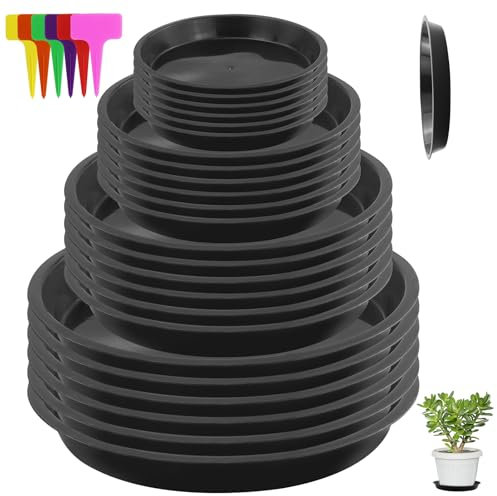 EASYKEENECOM 24 Pièces Coupelle Pot de Fleur Soucoupe Pot Fleur Plastique Soucoupes Pots de Fleurs avec 24 Étiquettes sous Pot de Fleur Rond Dessous de Verre pour Plantes D'intérieur et D'extérieur