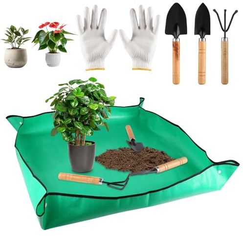 Växtmatta 100 x 100 cm, vattentät trädgårdsmatta med trädgårdsverktyg, läckagesäker, vikbar, växter, krukväxtmatta, grön PE växtunderlag för plantering, suckulenter, fröplanta