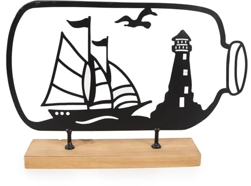 Logbuch-Verlag Flaschenpost Segelschiff und Leuchtturm maritimes Deko Objekt zum Hinstellen Geschenkidee Meer Küste schwarz Metall Holz 8 x 4,5 x 18 cm