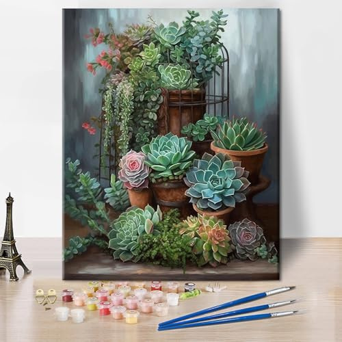 TISHIRON Succulent Paint by Numbers Kits Green Plant Paint by Numbers for Adults Beginner Colorful Watercolour Craft Kits for Adults Suitable for Home Wall Decoration 16x20inch Frameless