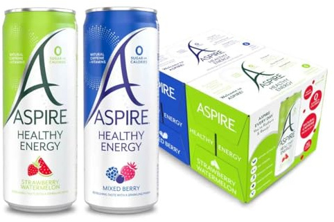 Aspire Healthy Energy Drink | Mix & Match, 12 Pack | Mixed Berry & Strawberry Watermelon | No Calories, No Sugar, Natural Caffeine, Sparkling, Vegan, Keto-Friendly | Sold by Bargain Hub