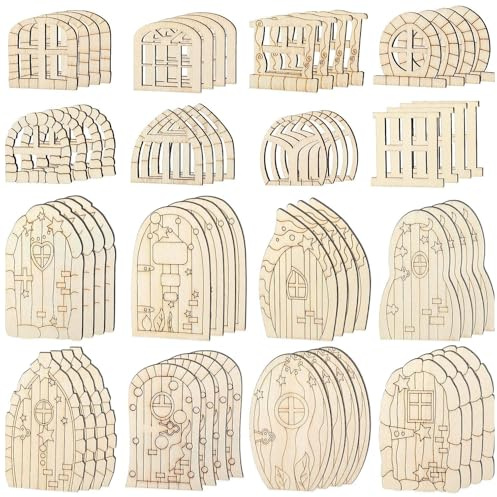 Lot de 64 Portes de Fées en Bois, Mini Portes Féeriques, 16 Styles, Portes d'Elfe Non Peintes pour DIY, Décoration Maison, Mur, Fête, Décoration de Noël, Jardin de Fées