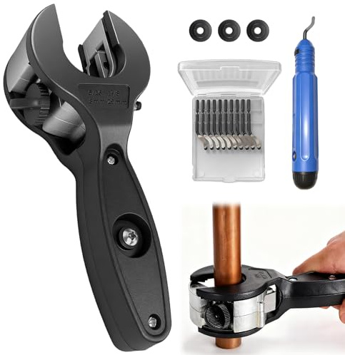 Cortador de tubos de acero inoxidable, cortador de tubos de cobre de 8 a 29 mm, cortador de tubos para acero inoxidable, cobre, PVC, aluminio, con 3 ruedas de repuesto y herramientas de desbarbado