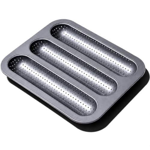 FAQQI Metal Sub Roll & Hoagie Roll Baking Pan 12 inch, 3-Slot Perforated French Bread & Mini Baguette Pan, Nonstick Carbon Steel Bread Baking Tray for Homemade Subs & Sandwich Rolls