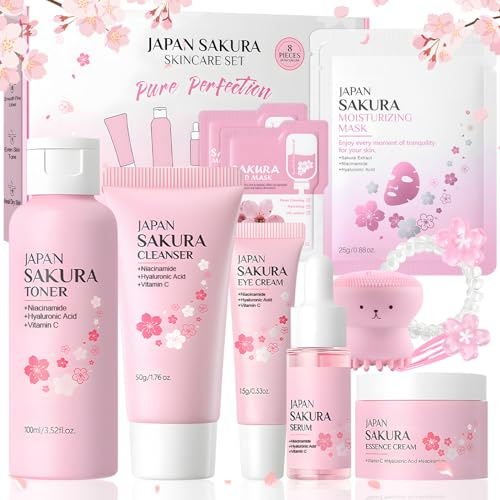 Sakura Coffrets de Soins pour la Peau, Coffret Skincare, Coffret Beauté Ado Fille, avec Crème Nettoyante, Toner, Sérum, Masque Visage, etc, Routine de Soin Complète, 12 Pièces
