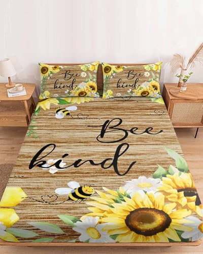 King Fitted Bed Sheets Pastoral White Yellow Flower Bee Brushed Fitted Sheet with Deep Pocket, Soft Microfiber Breathable Bottom Sheet with Pillowcases, Farmhouse Vintage Wood Board Bedding Sheets