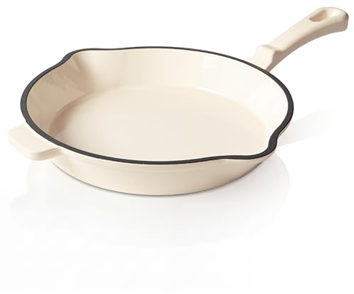 Romersk gryta gjutjärnsstekpanna 28 cm – stekpanna emaljbeläggning, alla typer av spisar inklusive induktion, ugnssäker 250 °C, för biffar stekpotatis fisk pannrätter, PFAS-fri, kräm