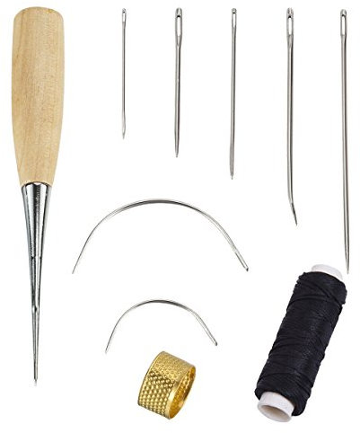 Yulakes Set di aghi da cucito a mano con foro e ditale cerato con filo di cuoio per riparazione di cuoio, tappeti/materassi riparazione