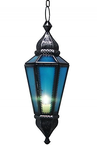 Orientalisches Windlicht Laterne Glas Ajda Blau 39cm groß | Orientalische Glas Teelichthalter Hängewindlicht mit Henkel orientalisch | Marokkanische Windlichter hängend als Hängewindlichter