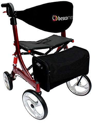 Leichtgewicht-Rollator Spring - Gehhilfe mit Komfort-Federung - höhenverstellbar & faltbar - inklusive Netztasche & Rückengurt - bequeme Sitzfläche - zusammenklappbar - Modell L Bordeauxrot